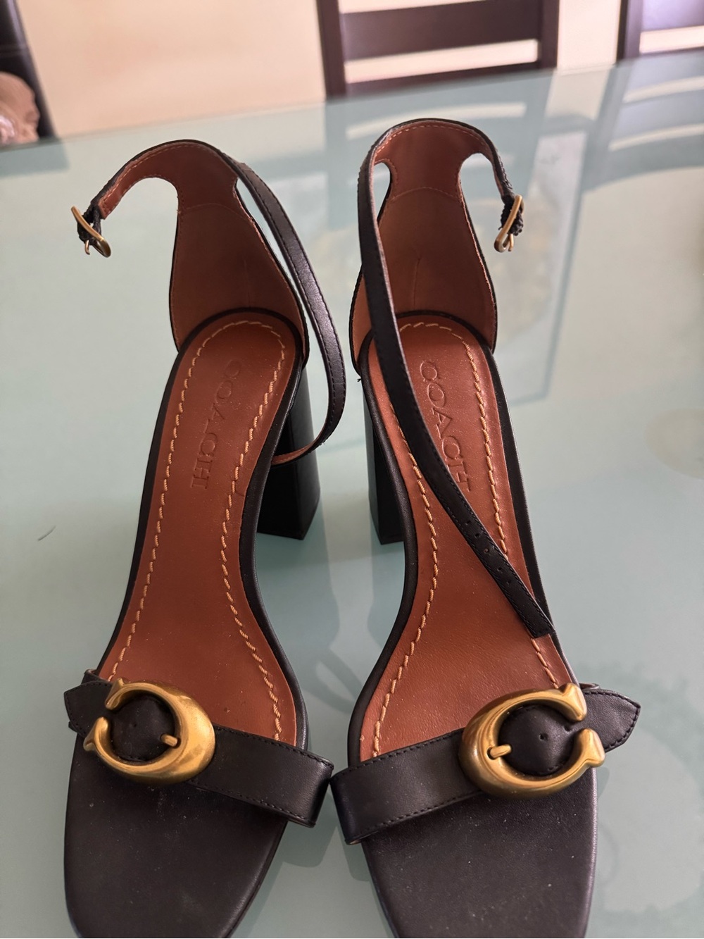 Coach Black Leather Block Heel Sandals with Gold Buckle - Picture 2 of 5
